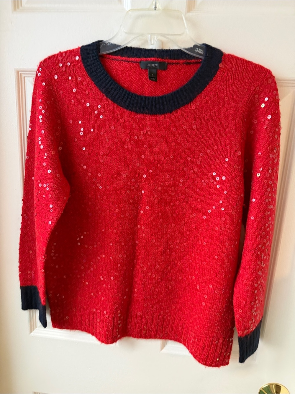 J. Crew Red Sequin Crewneck Sweater with Navy Trim